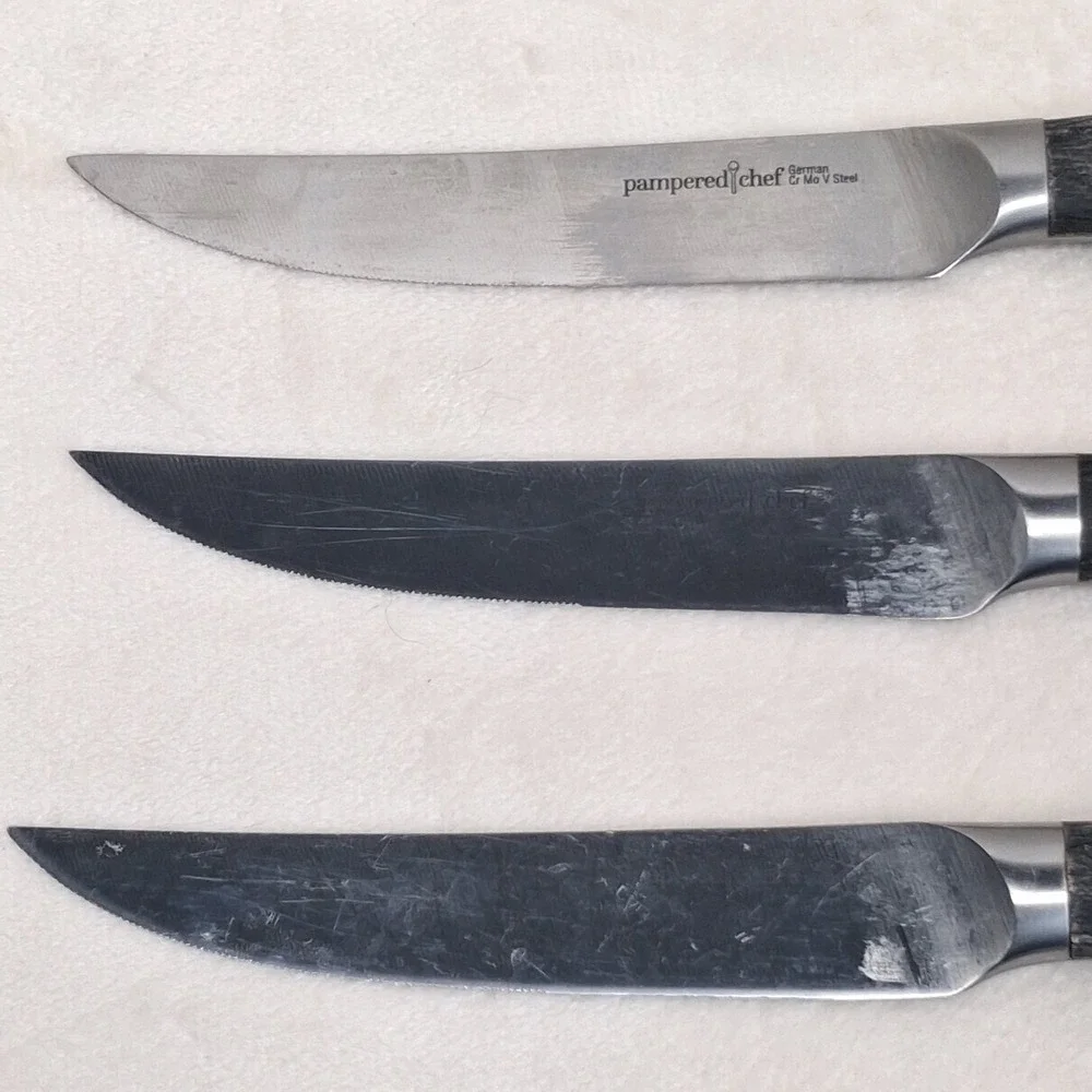 Pampered Chef (4) Steak Knives Dark Gray Handle German Steel